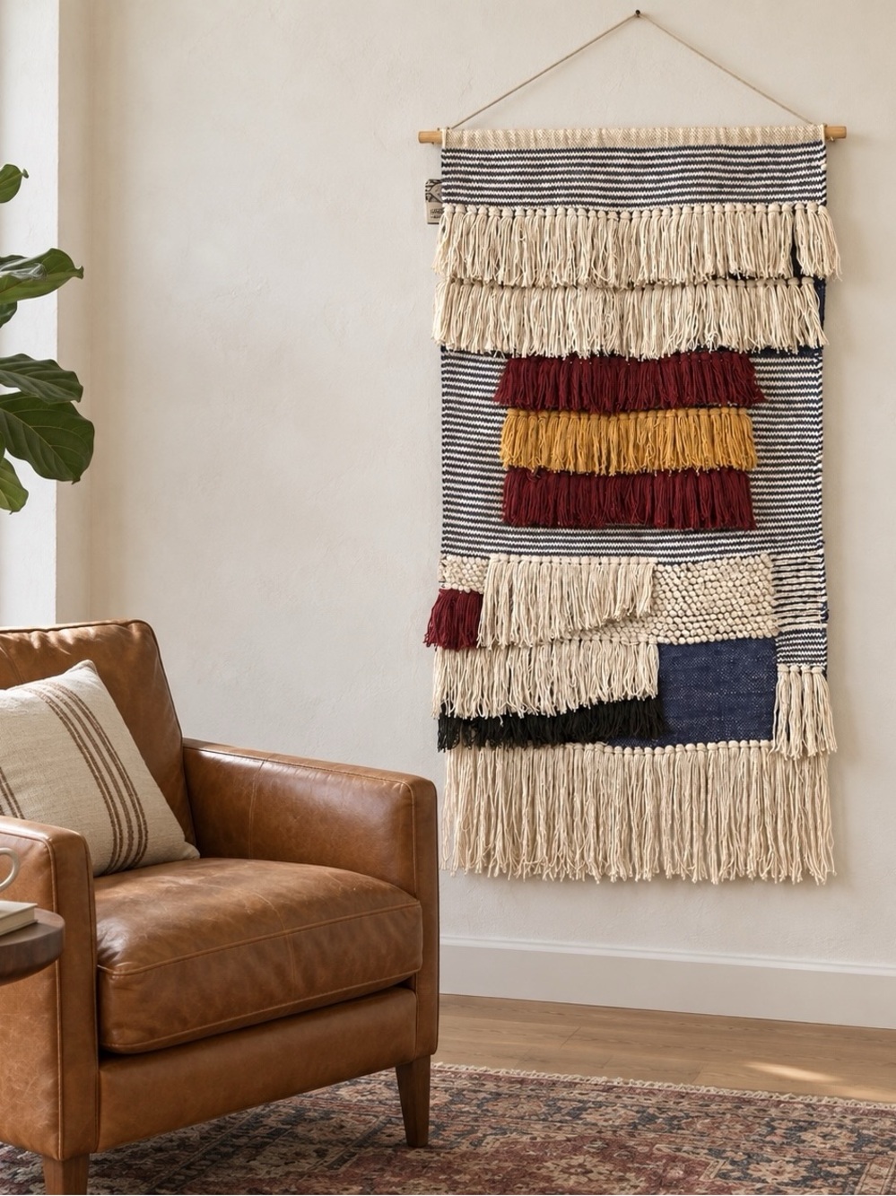 Artisan Market Boho Woven Wall Hanging Navy Burgundy Cotton Fringe Tapestry NWT